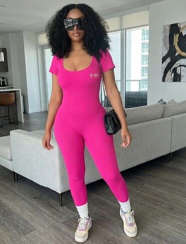 Women's Hot Pink Ribbed Short Sleeve Jumpsuit Bodycon One-Piece Unitard in Kuwait