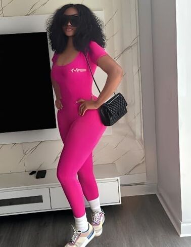 Women's Hot Pink Ribbed Short Sleeve Jumpsuit Bodycon One-Piece Unitard in Kuwait