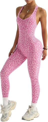 BEAUDRM Women's Leopard Workout Jumpsuits Y2K Cheetah Racerback Sleeveless Gym Romper One Piece Pants Yoga Unitard Romper in Saudi Arabia