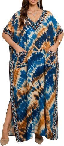 cthseie Moomoo Dresses for Women Plus Size V Neck Batwing Sleeve Boho Kaftan with Pockets for Beach Casual in Saudi Arabia