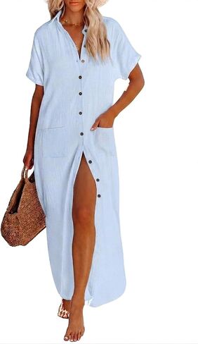 Breezy Lane Womens Swimsuit Cover Ups Short Sleeve Button Down Long Cardigans Beach Shirt Dress with Pockets in Saudi Arabia