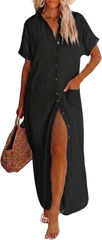 Breezy Lane Womens Swimsuit Cover Ups Short Sleeve Button Down Long Cardigans Beach Shirt Dress with Pockets in Saudi Arabia