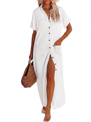 Breezy Lane Womens Swimsuit Cover Ups Short Sleeve Button Down Long Cardigans Beach Shirt Dress with Pockets in Saudi Arabia