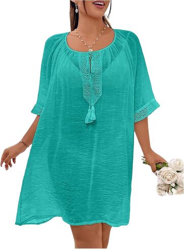 SHENHE Women's Plus Size Beach Cover Ups Lace Crochet V Neck Short Kaftan Dress Swimsuit Coverups in Kuwait