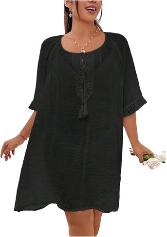 SHENHE Women's Plus Size Beach Cover Ups Lace Crochet V Neck Short Kaftan Dress Swimsuit Coverups in Kuwait