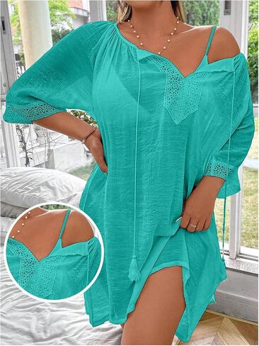 SHENHE Women's Plus Size Beach Cover Ups Lace Crochet V Neck Short Kaftan Dress Swimsuit Coverups in Kuwait