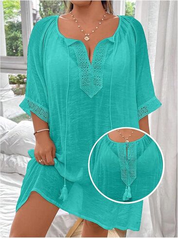 SHENHE Women's Plus Size Beach Cover Ups Lace Crochet V Neck Short Kaftan Dress Swimsuit Coverups in Kuwait