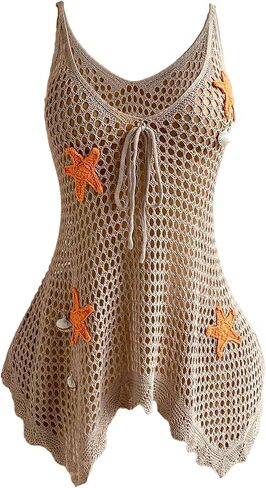 Verdusa Women's Boho Crochet Beach Cover Up Camisole Tops Sheer Asymmetrical Tops in Kuwait