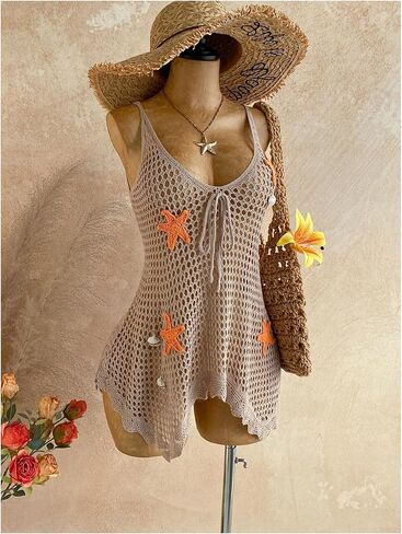 Verdusa Women's Boho Crochet Beach Cover Up Camisole Tops Sheer Asymmetrical Tops in Kuwait