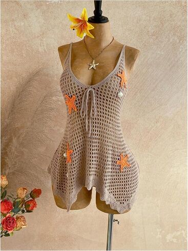 Verdusa Women's Boho Crochet Beach Cover Up Camisole Tops Sheer Asymmetrical Tops in Kuwait