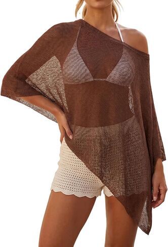 Womens Sheer Poncho Top Boho Knit See Through Shrugs Sweater Club Vacation Beach Cover Up Outfits in Saudi Arabia