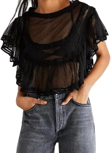 Women Sheer Lace Poncho Top Off Shoulder Ruffle Chiffon Blouse Shirt Summer Beach Cover Up in Kuwait