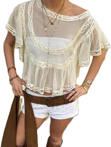 Women Sheer Lace Poncho Top Off Shoulder Ruffle Chiffon Blouse Shirt Summer Beach Cover Up in Kuwait