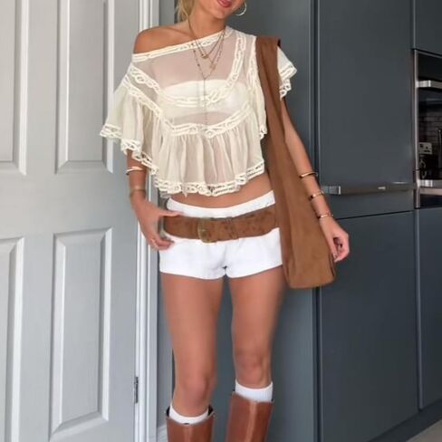 Women Sheer Lace Poncho Top Off Shoulder Ruffle Chiffon Blouse Shirt Summer Beach Cover Up in Kuwait