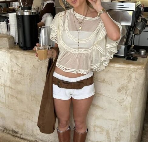Women Sheer Lace Poncho Top Off Shoulder Ruffle Chiffon Blouse Shirt Summer Beach Cover Up in Kuwait