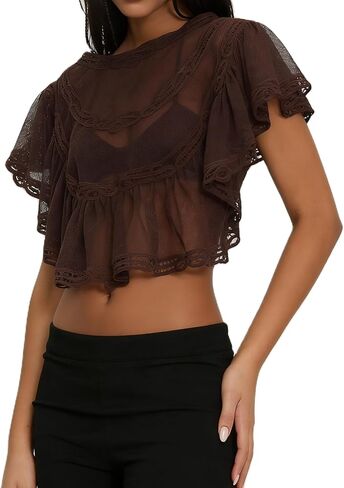 Women Sheer Lace Poncho Top Off Shoulder Ruffle Chiffon Blouse Shirt Summer Beach Cover Up in Kuwait