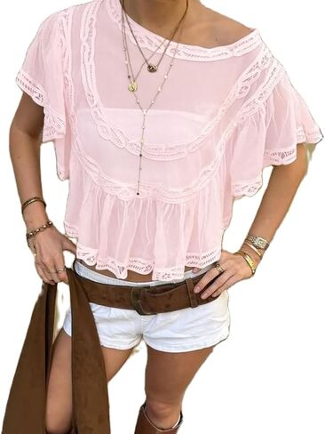 Women Sheer Lace Poncho Top Off Shoulder Ruffle Chiffon Blouse Shirt Summer Beach Cover Up in Kuwait