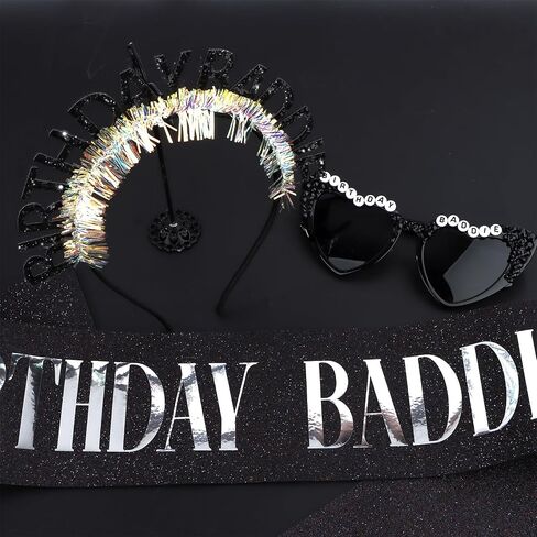 Jaciya Birthday Baddie Headband, Sash & Sunglasses Set - Black Glitter Party Accessories for Women Birthday Celebrations & Photo Props in Saudi Arabia