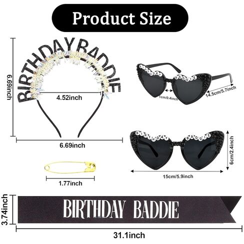 Jaciya Birthday Baddie Headband, Sash & Sunglasses Set - Black Glitter Party Accessories for Women Birthday Celebrations & Photo Props in Saudi Arabia