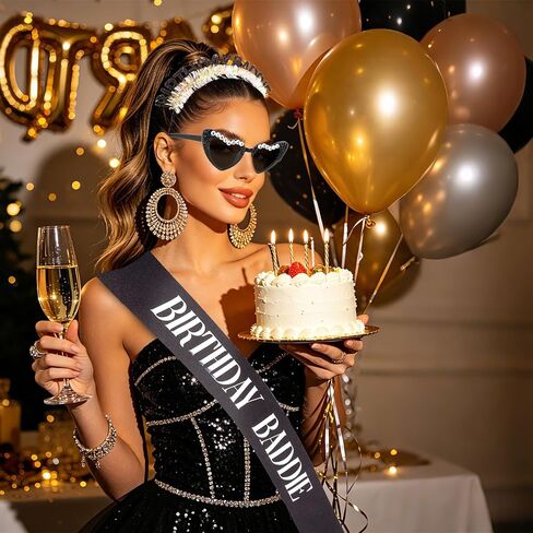 Jaciya Birthday Baddie Headband, Sash & Sunglasses Set - Black Glitter Party Accessories for Women Birthday Celebrations & Photo Props in Saudi Arabia
