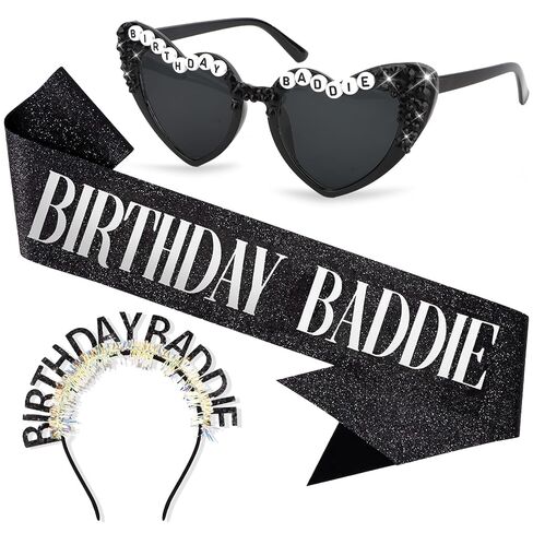 Jaciya Birthday Baddie Headband, Sash & Sunglasses Set - Black Glitter Party Accessories for Women Birthday Celebrations & Photo Props in Saudi Arabia
