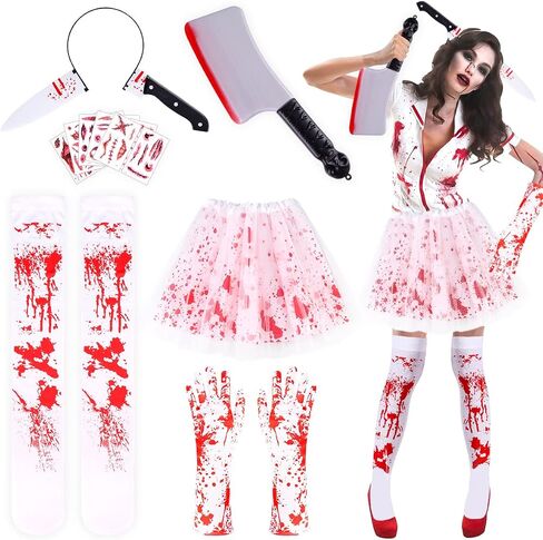 WILDPARTY Halloween Tutu Skirt Costume Accessories Set for Women, 17 Pcs Halloween Party Accessories Include Blood-Stained Tutu Skirts, Knife Headband, Stockings, Gloves, Horror Tattoo Sticker White in Saudi Arabia
