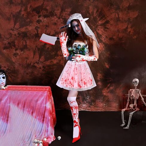 WILDPARTY Halloween Tutu Skirt Costume Accessories Set for Women, 17 Pcs Halloween Party Accessories Include Blood-Stained Tutu Skirts, Knife Headband, Stockings, Gloves, Horror Tattoo Sticker White in Saudi Arabia