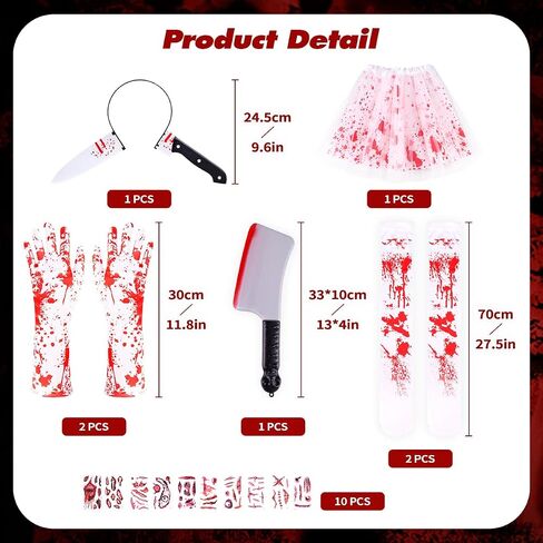 WILDPARTY Halloween Tutu Skirt Costume Accessories Set for Women, 17 Pcs Halloween Party Accessories Include Blood-Stained Tutu Skirts, Knife Headband, Stockings, Gloves, Horror Tattoo Sticker White in Saudi Arabia
