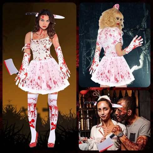 WILDPARTY Halloween Tutu Skirt Costume Accessories Set for Women, 17 Pcs Halloween Party Accessories Include Blood-Stained Tutu Skirts, Knife Headband, Stockings, Gloves, Horror Tattoo Sticker White in Saudi Arabia