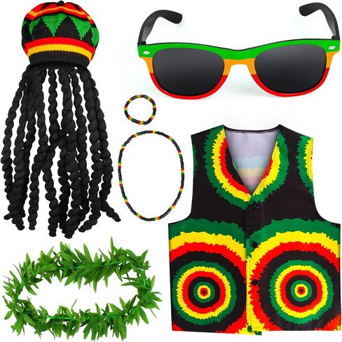 Kyson 6Pcs Halloween Jamaican Costume Accessories Rasta Hat with Black Dreadlocks Wig Vests Sunglasses Necklace Bracelet Lei in Saudi Arabia