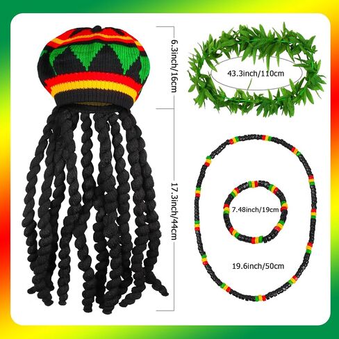 Kyson 6Pcs Halloween Jamaican Costume Accessories Rasta Hat with Black Dreadlocks Wig Vests Sunglasses Necklace Bracelet Lei in Saudi Arabia