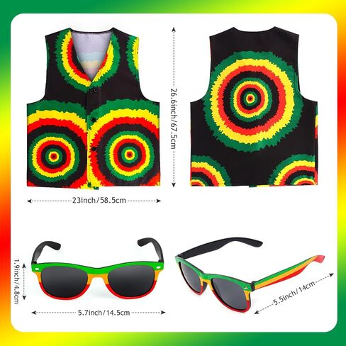 Kyson 6Pcs Halloween Jamaican Costume Accessories Rasta Hat with Black Dreadlocks Wig Vests Sunglasses Necklace Bracelet Lei in Saudi Arabia