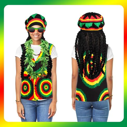 Kyson 6Pcs Halloween Jamaican Costume Accessories Rasta Hat with Black Dreadlocks Wig Vests Sunglasses Necklace Bracelet Lei in Saudi Arabia