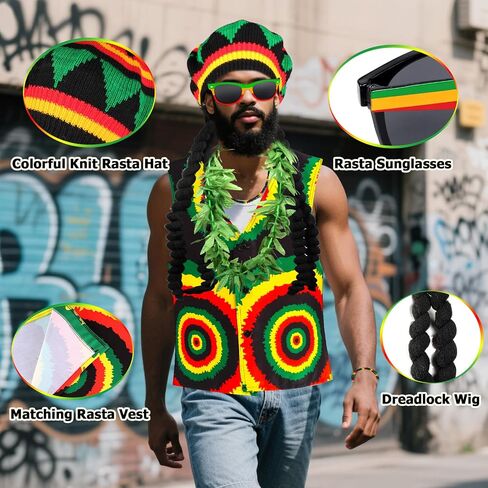 Kyson 6Pcs Halloween Jamaican Costume Accessories Rasta Hat with Black Dreadlocks Wig Vests Sunglasses Necklace Bracelet Lei in Saudi Arabia