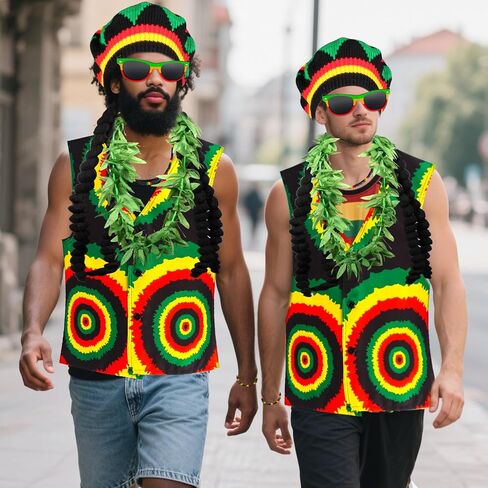 Kyson 6Pcs Halloween Jamaican Costume Accessories Rasta Hat with Black Dreadlocks Wig Vests Sunglasses Necklace Bracelet Lei in Saudi Arabia