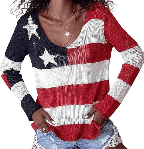 Women's American Flag Pattern Sweater V-Neck Long Sleeve Knitted Sweater Casual Commuter Top Independence Day in Saudi Arabia