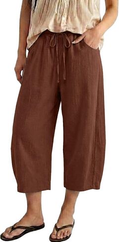 Linen Barrel Pants for Women Wide Leg Drawstring Cotton Capris Casual 2026 Beach Vacation Boho Baggy Palazzo Trouser in Saudi Arabia