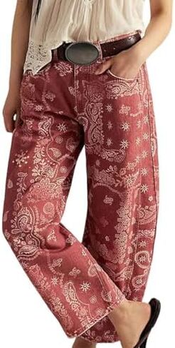 Vintage Barrel Pants for Women Baggy Floral Print Mid Rise Wide Leg Faux Denim Ankle Pants Loose Y2k Barrel Pants (Red,X-Large) in Kuwait