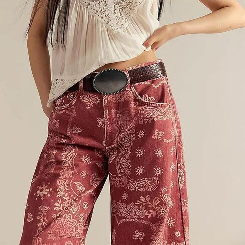 Vintage Barrel Pants for Women Baggy Floral Print Mid Rise Wide Leg Faux Denim Ankle Pants Loose Y2k Barrel Pants (Red,X-Large) in Kuwait
