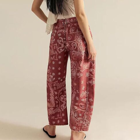 Vintage Barrel Pants for Women Baggy Floral Print Mid Rise Wide Leg Faux Denim Ankle Pants Loose Y2k Barrel Pants (Red,X-Large) in Kuwait