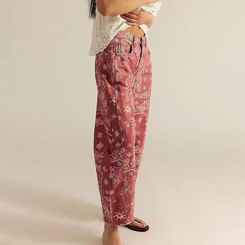 Vintage Barrel Pants for Women Baggy Floral Print Mid Rise Wide Leg Faux Denim Ankle Pants Loose Y2k Barrel Pants (Red,X-Large) in Kuwait