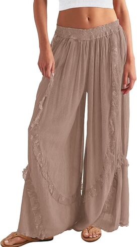 Yanekop Womens Flowy Ruffle Lace Pants Wide Leg Palazzo Pants Sheer Elastic Waist Trousers Summer Beach Vacation Clothes in Saudi Arabia