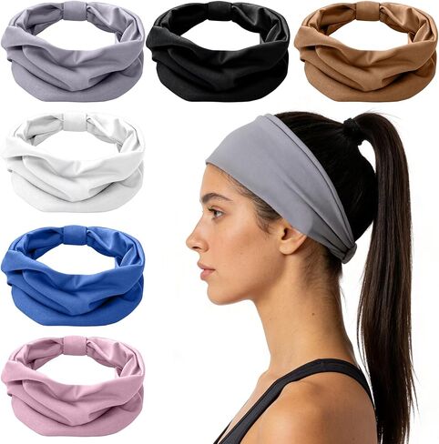 Headbands for Women,Wide Elastic Soft Non-Slip Thick Hair Bands,Stretchy Sports Sweat Bands,Large Knotted for Makeup,Yoga, Workout,Running & Daily Use,6-Pack in Saudi Arabia