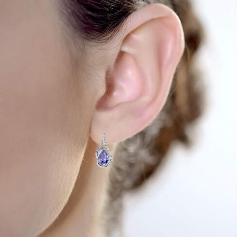 10k White Gold Genuine Pear-Shape Tanzanite and Diamond Curved Halo Drop Earrings in Saudi Arabia