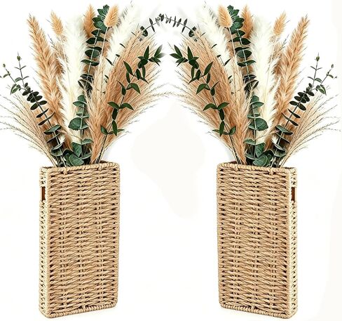 Set of 2 Boho Wall Vases with Pampas Grass & Eucalyptus -Wooden Wall Planters Modern Farmhouse Decor Art for Living Room, Entryway or Bathroom in Saudi Arabia