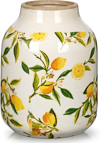 Rustic Farmhouse Vase, 9.4 inch Ceramic Flower Vases for Centerpieces Decorative Pottery Yellow & White Lemon Vase Vintage Pastoral Floral Vases for Home Decor, Living Room, Living Room, Dining Table in Kuwait