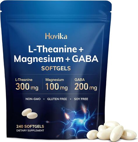 L-Theanine Softgels 300mg with Magnesium Bisglycinate 500mg Magnesium Citrate 300mg, GABA 200mg | Enhanced Absorption with Coconut Oil | Calm, Relaxation & Focus Support | Non-GMO in Saudi Arabia