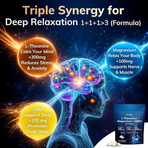 L-Theanine Softgels 300mg with Magnesium Bisglycinate 500mg Magnesium Citrate 300mg, GABA 200mg | Enhanced Absorption with Coconut Oil | Calm, Relaxation & Focus Support | Non-GMO in Saudi Arabia
