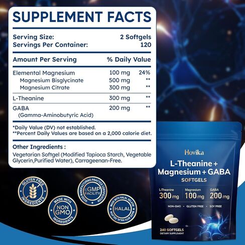 L-Theanine Softgels 300mg with Magnesium Bisglycinate 500mg Magnesium Citrate 300mg, GABA 200mg | Enhanced Absorption with Coconut Oil | Calm, Relaxation & Focus Support | Non-GMO in Saudi Arabia