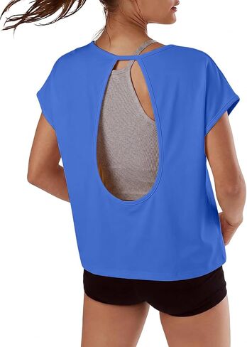 Women's Open Back Workout Tops Loose Fit Short Sleeve T Shirts Casual Crew Neck Athletic Tee for Yoga Gym Running in Saudi Arabia